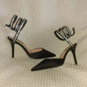 BIRDSHOES-Black Silk Stiletto-Rhinestone Ankle Wrap-Sz 6-Near Mint